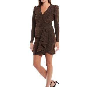 Alex Marie Chrissy Faux Wrap Dress Women’s Size 14 Brown Metallic Long Sleeve